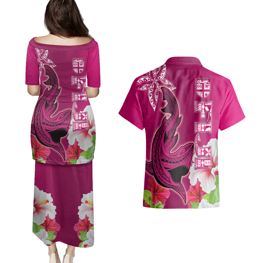 Polynesian Fiji Couples Matching Puletasi Dress and Hawaiian Shirt Shark and Hibiscus Tapa Pattern Purple Version LT03 - Polynesian Pride