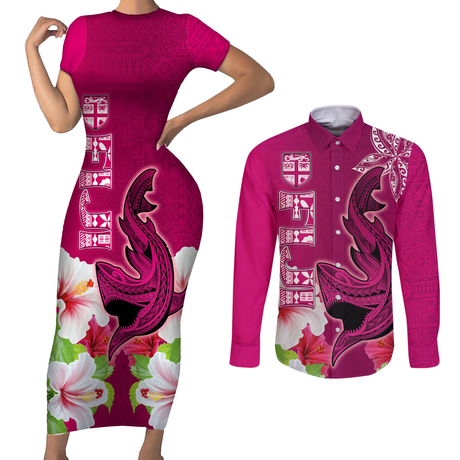 Polynesian Fiji Couples Matching Short Sleeve Bodycon Dress and Long Sleeve Button Shirts Shark and Hibiscus Tapa Pattern Purple Version LT03 Pink - Polynesian Pride
