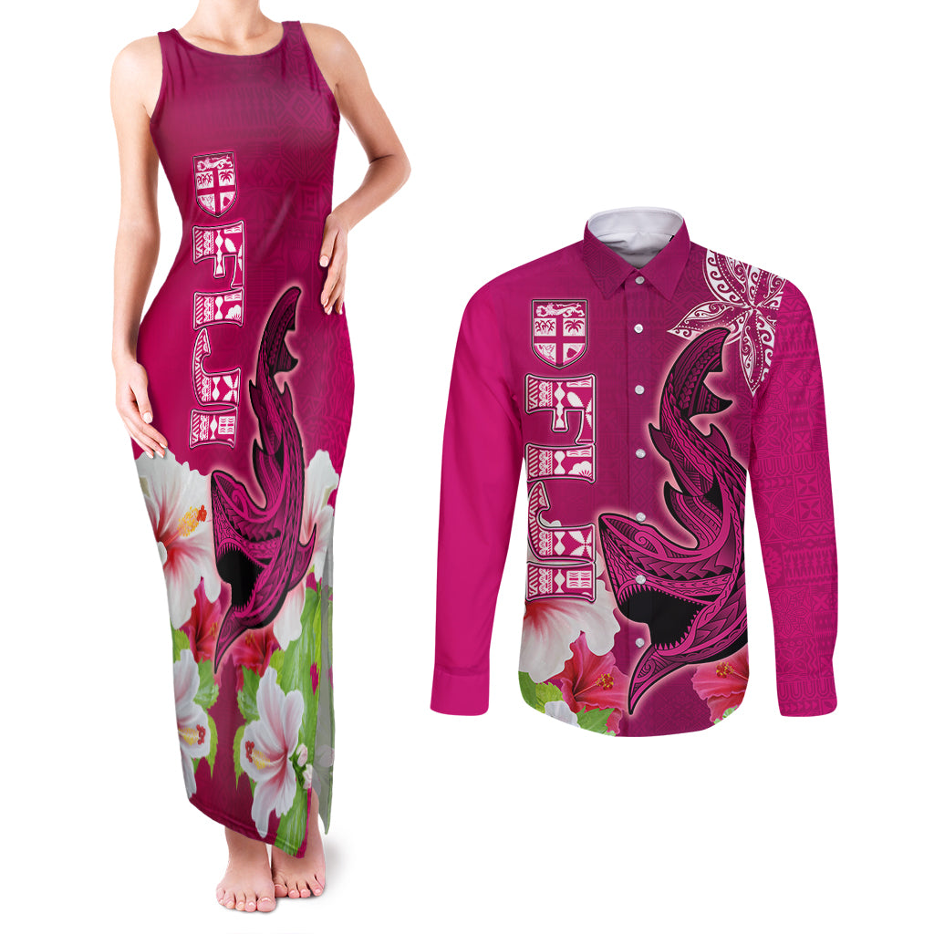 Polynesian Fiji Couples Matching Tank Maxi Dress and Long Sleeve Button Shirts Shark and Hibiscus Tapa Pattern Purple Version LT03 Pink - Polynesian Pride