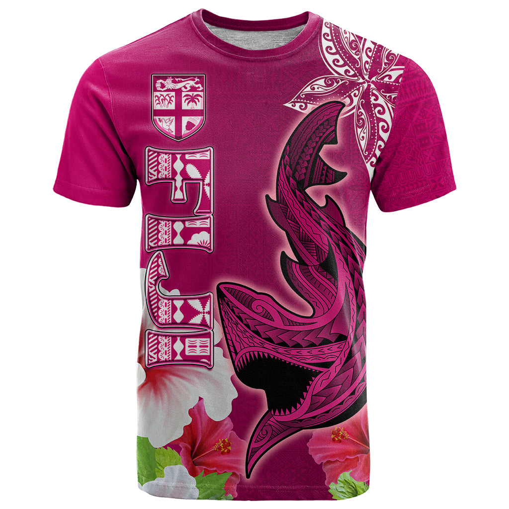 Polynesian Fiji T Shirt Shark and Hibiscus Tapa Pattern Purple Version LT03 Pink - Polynesian Pride