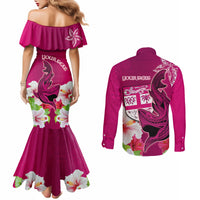 Custom Polynesian Fiji Couples Matching Mermaid Dress and Long Sleeve Button Shirts Shark and Hibiscus Tapa Pattern Purple Version LT03 - Polynesian Pride