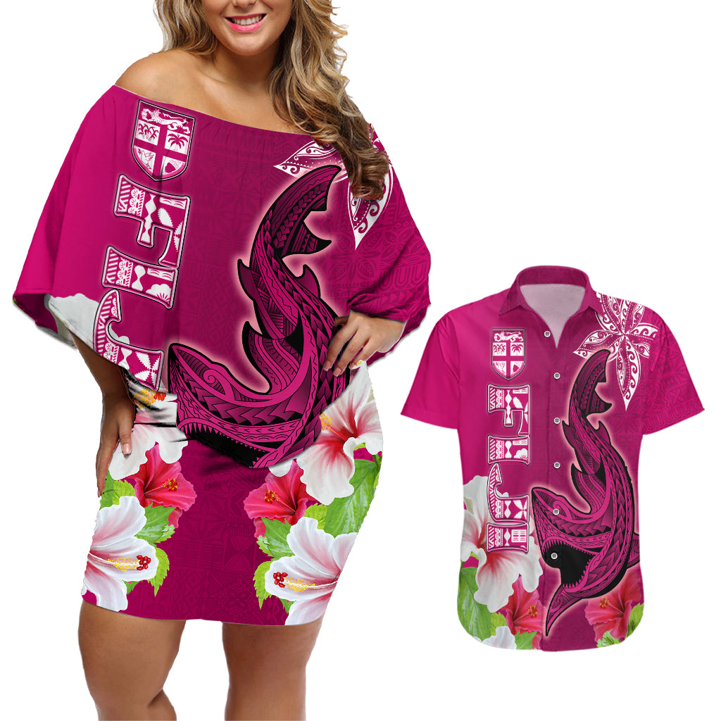 Custom Polynesian Fiji Couples Matching Off Shoulder Short Dress and Hawaiian Shirt Shark and Hibiscus Tapa Pattern Purple Version LT03 Pink - Polynesian Pride