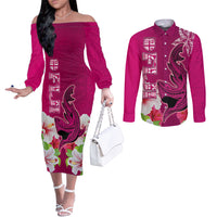 Custom Polynesian Fiji Couples Matching Off The Shoulder Long Sleeve Dress and Long Sleeve Button Shirts Shark and Hibiscus Tapa Pattern Purple Version LT03 Pink - Polynesian Pride