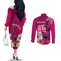 Custom Polynesian Fiji Couples Matching Off The Shoulder Long Sleeve Dress and Long Sleeve Button Shirts Shark and Hibiscus Tapa Pattern Purple Version LT03 - Polynesian Pride