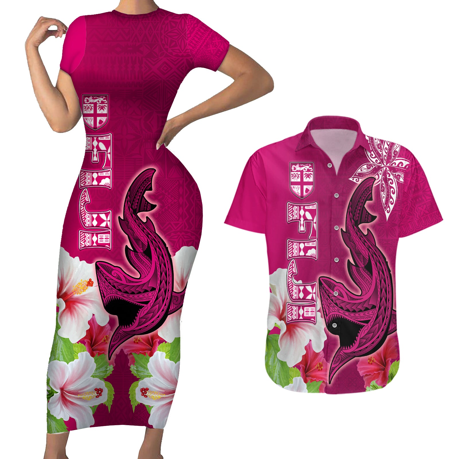 Custom Polynesian Fiji Couples Matching Short Sleeve Bodycon Dress and Hawaiian Shirt Shark and Hibiscus Tapa Pattern Purple Version LT03 Pink - Polynesian Pride