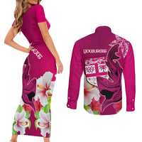 Custom Polynesian Fiji Couples Matching Short Sleeve Bodycon Dress and Long Sleeve Button Shirts Shark and Hibiscus Tapa Pattern Purple Version LT03 - Polynesian Pride