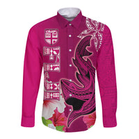 Custom Polynesian Fiji Long Sleeve Button Shirt Shark and Hibiscus Tapa Pattern Purple Version LT03 Unisex Pink - Polynesian Pride