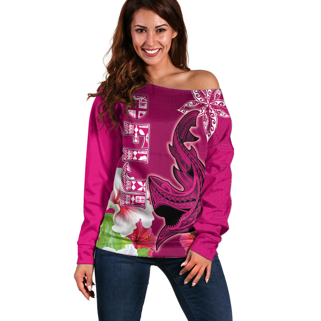 Custom Polynesian Fiji Off Shoulder Sweater Shark and Hibiscus Tapa Pattern Purple Version LT03 Women Pink - Polynesian Pride