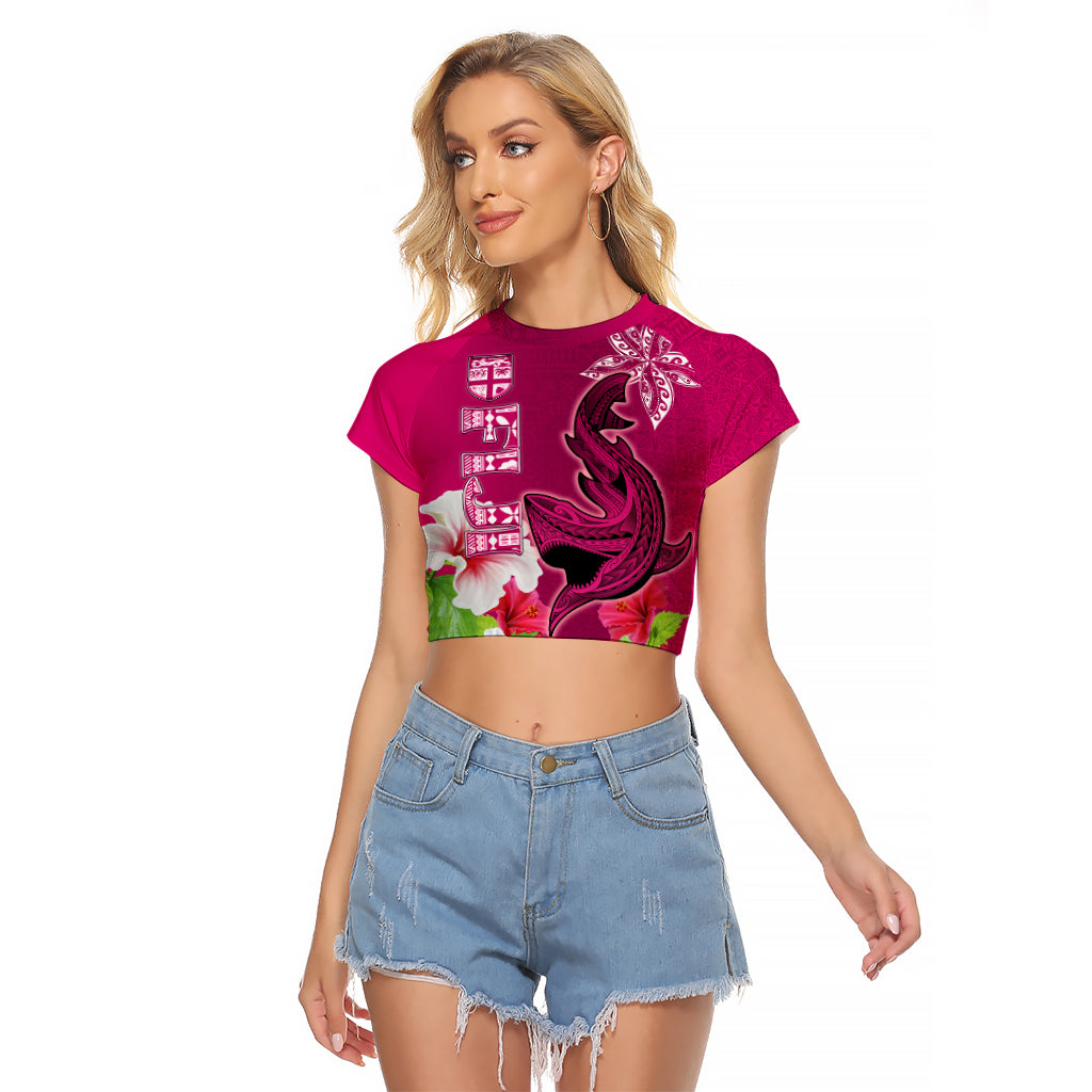 Custom Polynesian Fiji Raglan Cropped T Shirt Shark and Hibiscus Tapa Pattern Purple Version LT03 Female Pink - Polynesian Pride