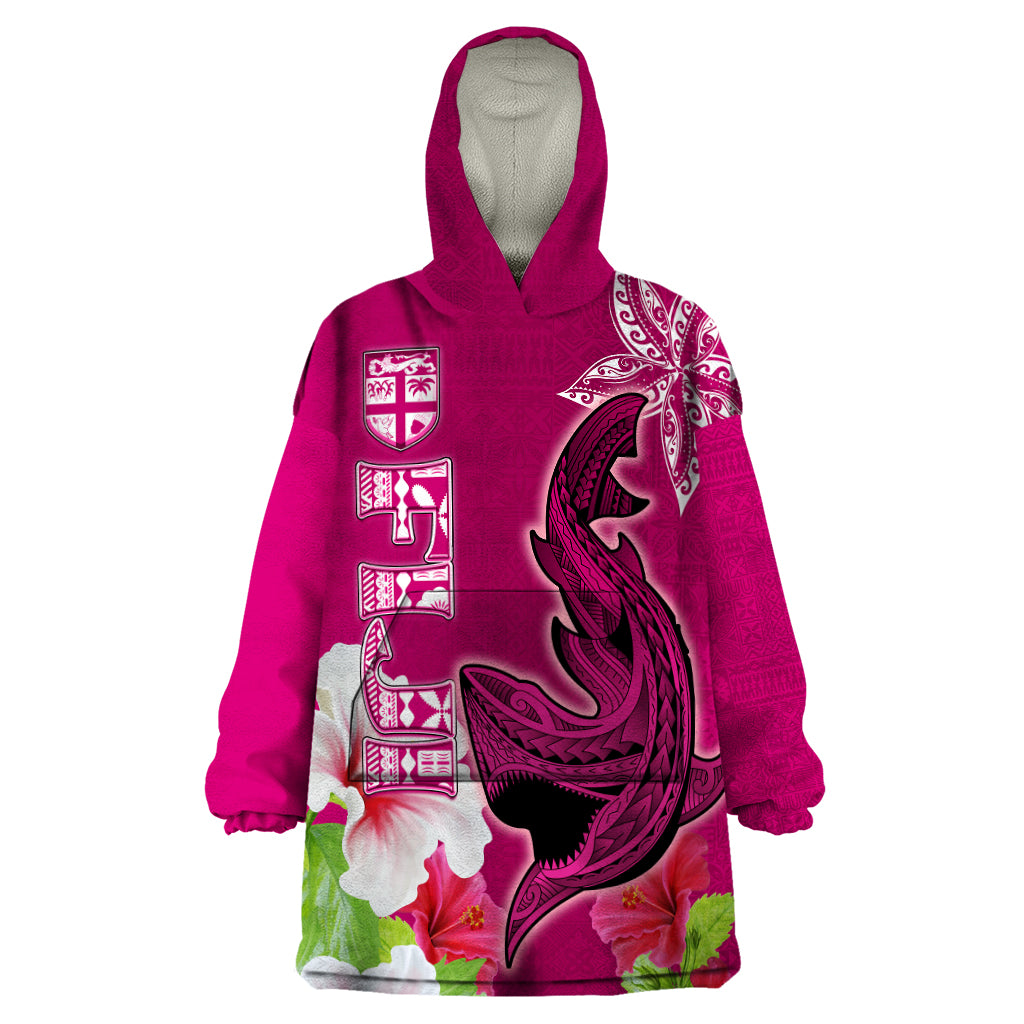 Custom Polynesian Fiji Wearable Blanket Hoodie Shark and Hibiscus Tapa Pattern Purple Version LT03 One Size Pink - Polynesian Pride