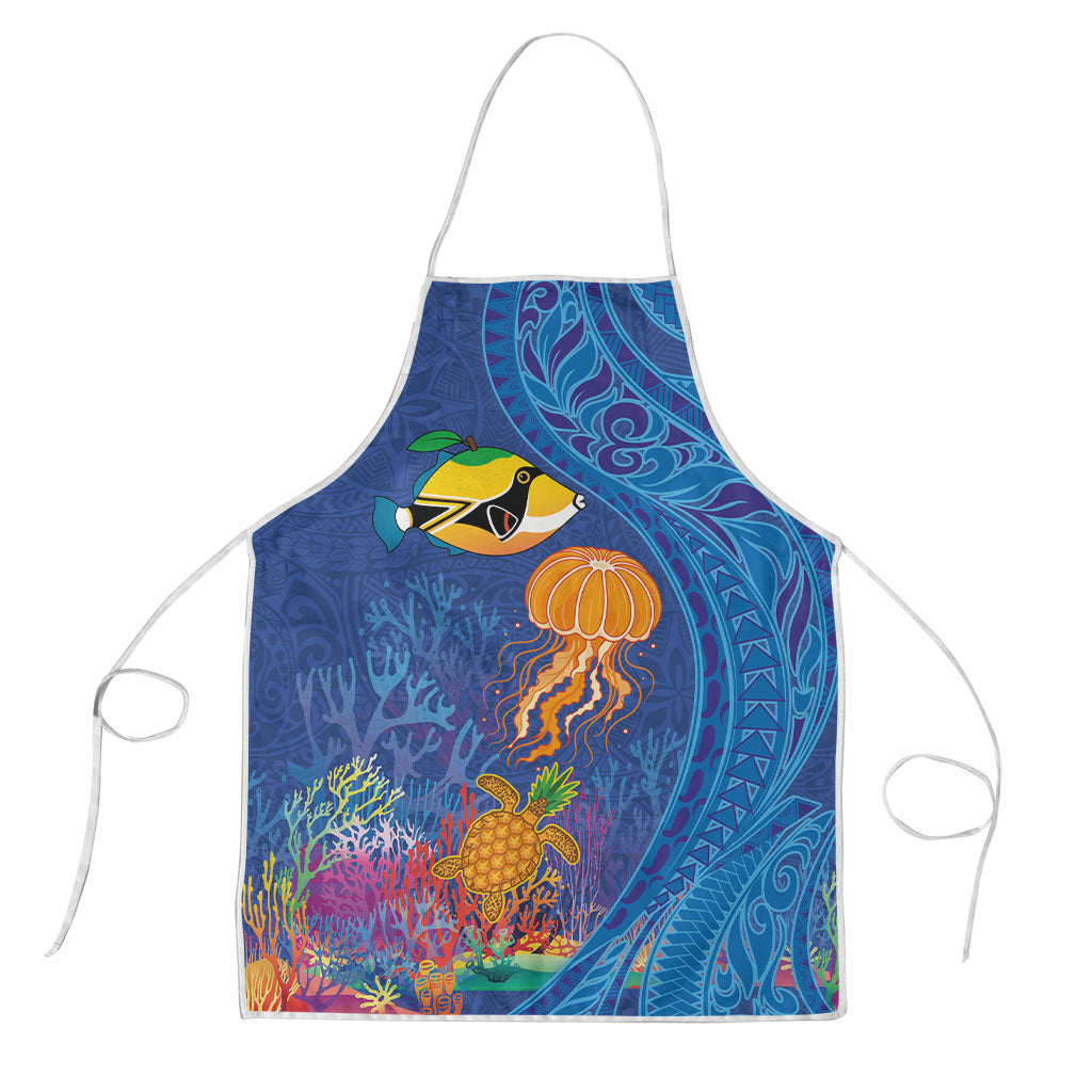 Hawaiian Funny Fruits Sea Animals Apron Mango Reef Triggerfish and Pineapple Turtle and Mandarin Jellyfish LT03 Blue - Polynesian Pride