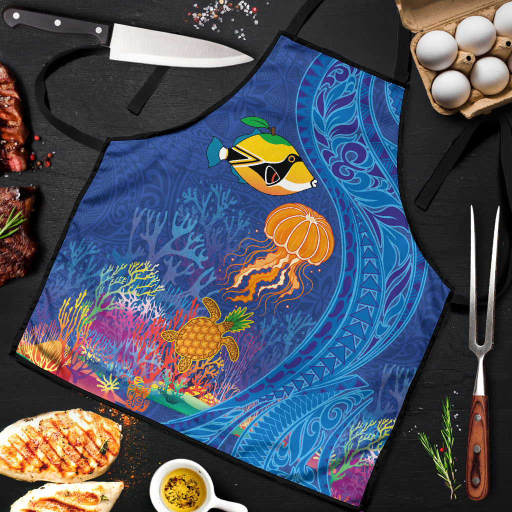 Hawaiian Funny Fruits Sea Animals Apron Mango Reef Triggerfish and Pineapple Turtle and Mandarin Jellyfish LT03 Blue - Polynesian Pride