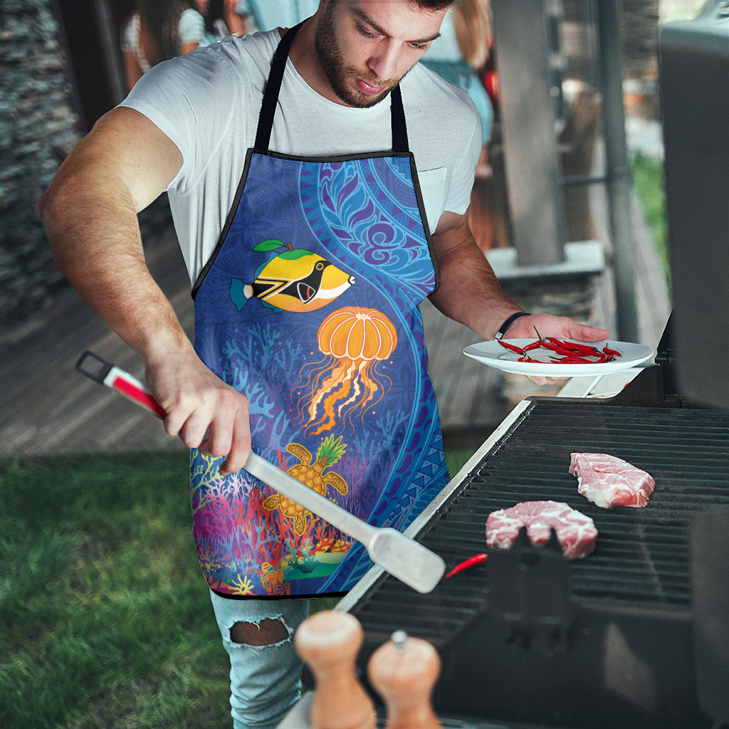 Hawaiian Funny Fruits Sea Animals Apron Mango Reef Triggerfish and Pineapple Turtle and Mandarin Jellyfish LT03 - Polynesian Pride