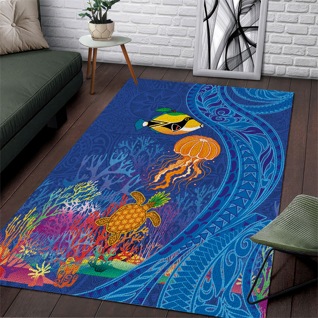 Hawaiian Funny Fruits Sea Animals Area Rug Mango Reef Triggerfish and Pineapple Turtle and Mandarin Jellyfish LT03 Blue - Polynesian Pride