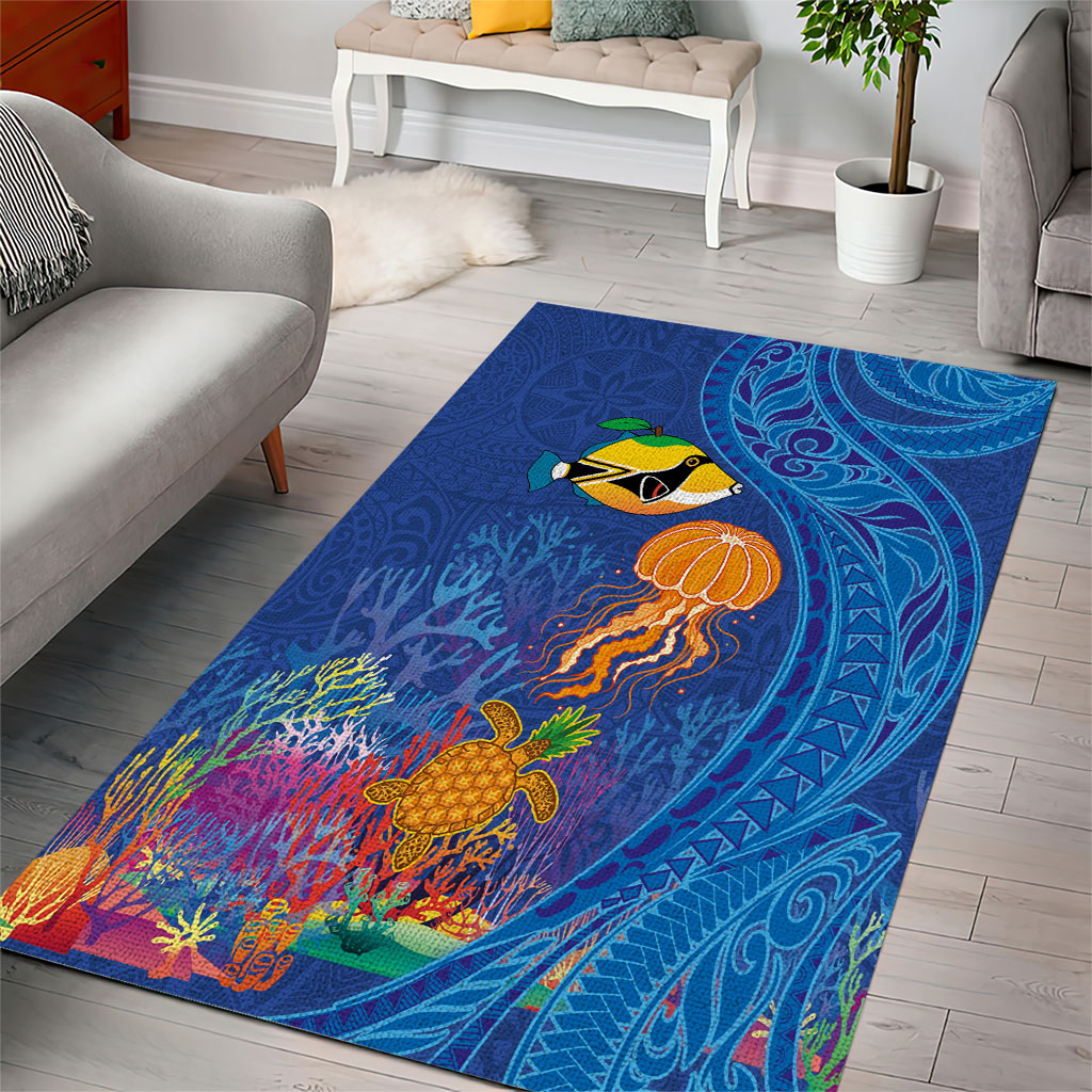 Hawaiian Funny Fruits Sea Animals Area Rug Mango Reef Triggerfish and Pineapple Turtle and Mandarin Jellyfish LT03 - Polynesian Pride