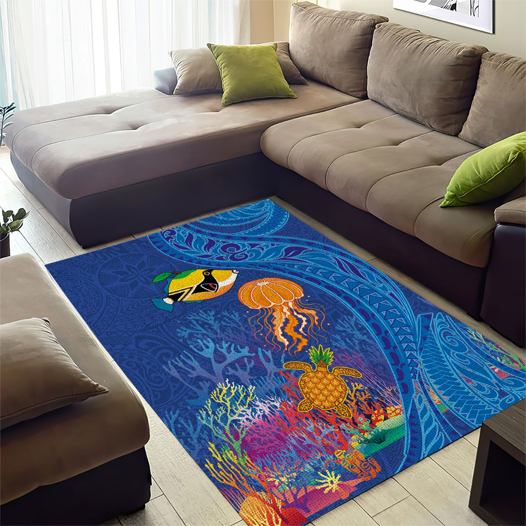 Hawaiian Funny Fruits Sea Animals Area Rug Mango Reef Triggerfish and Pineapple Turtle and Mandarin Jellyfish LT03 - Polynesian Pride