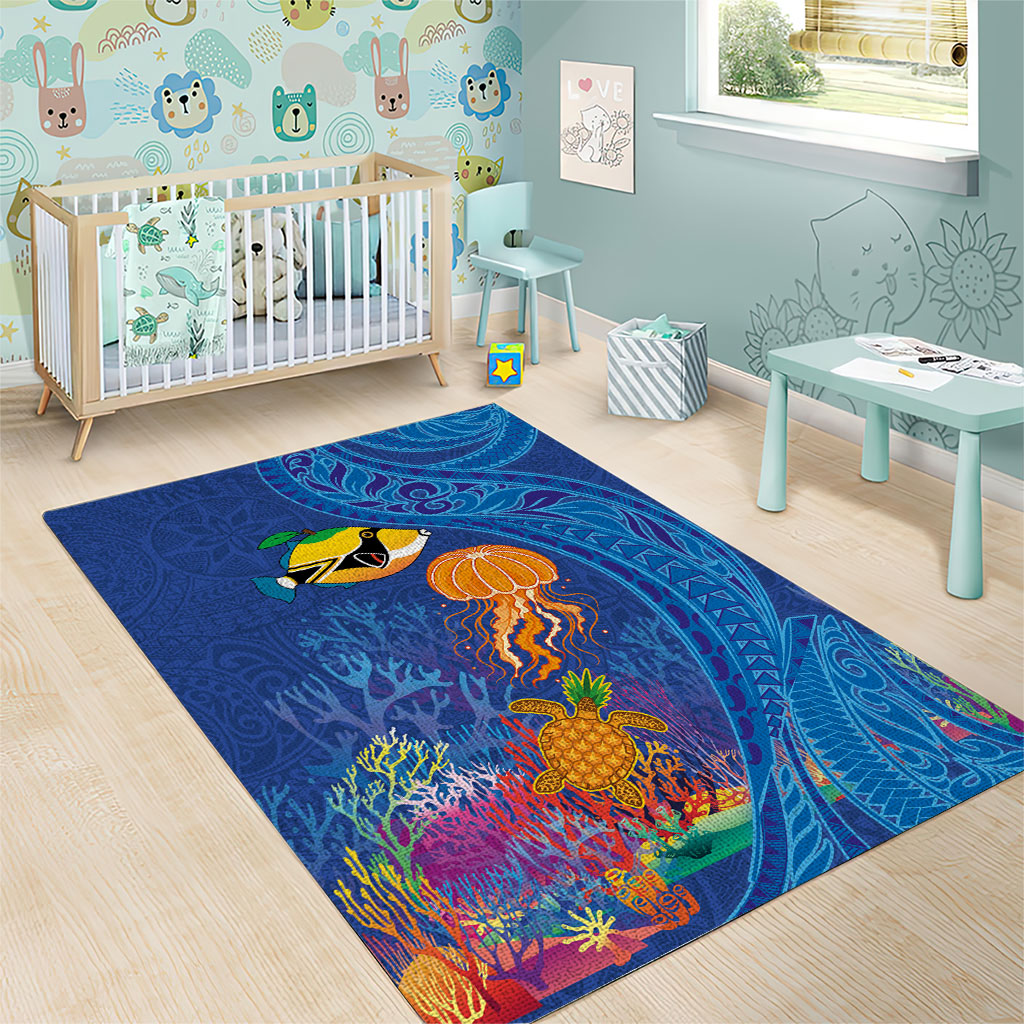 Hawaiian Funny Fruits Sea Animals Area Rug Mango Reef Triggerfish and Pineapple Turtle and Mandarin Jellyfish LT03 - Polynesian Pride
