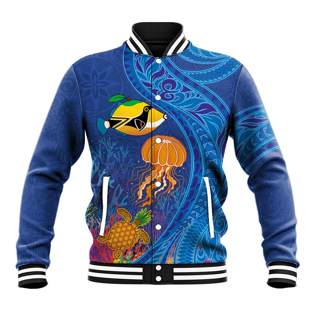 Hawaiian Funny Fruits Sea Animals Baseball Jacket Mango Reef Triggerfish and Pineapple Turtle and Mandarin Jellyfish LT03 Unisex Blue - Polynesian Pride