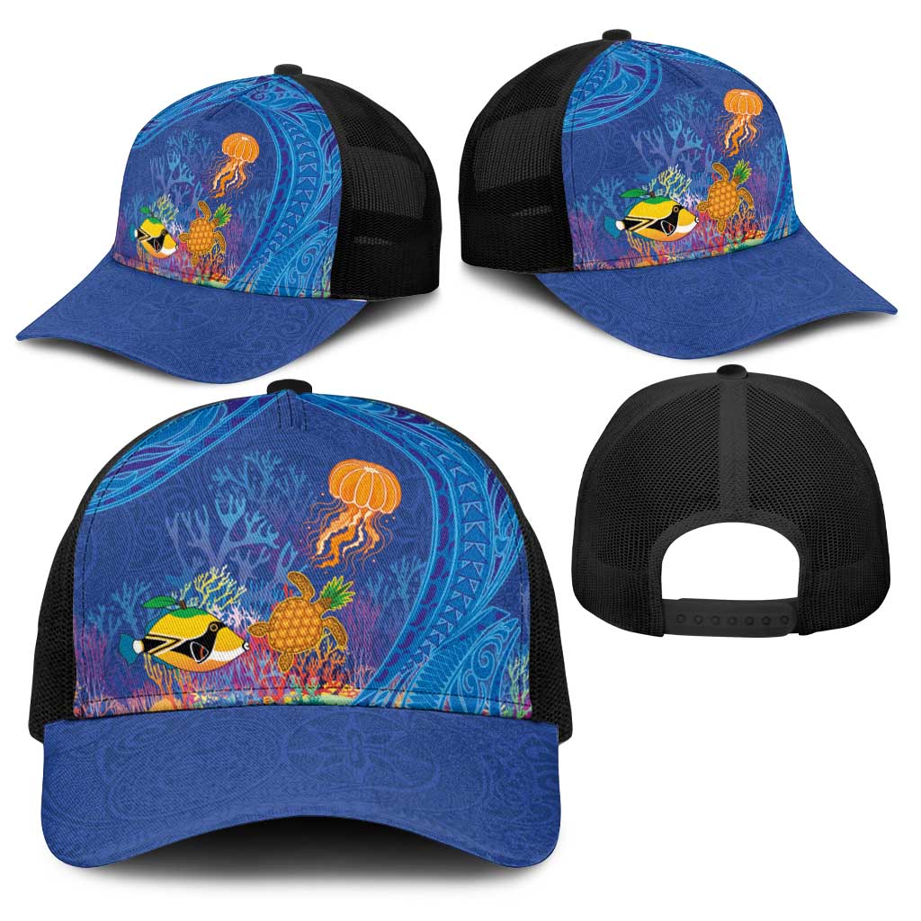 Hawaiian Funny Fruits Sea Animals Baseball Net Cap Mango Reef Triggerfish and Pineapple Turtle and Mandarin Jellyfish LT03 - Polynesian Pride