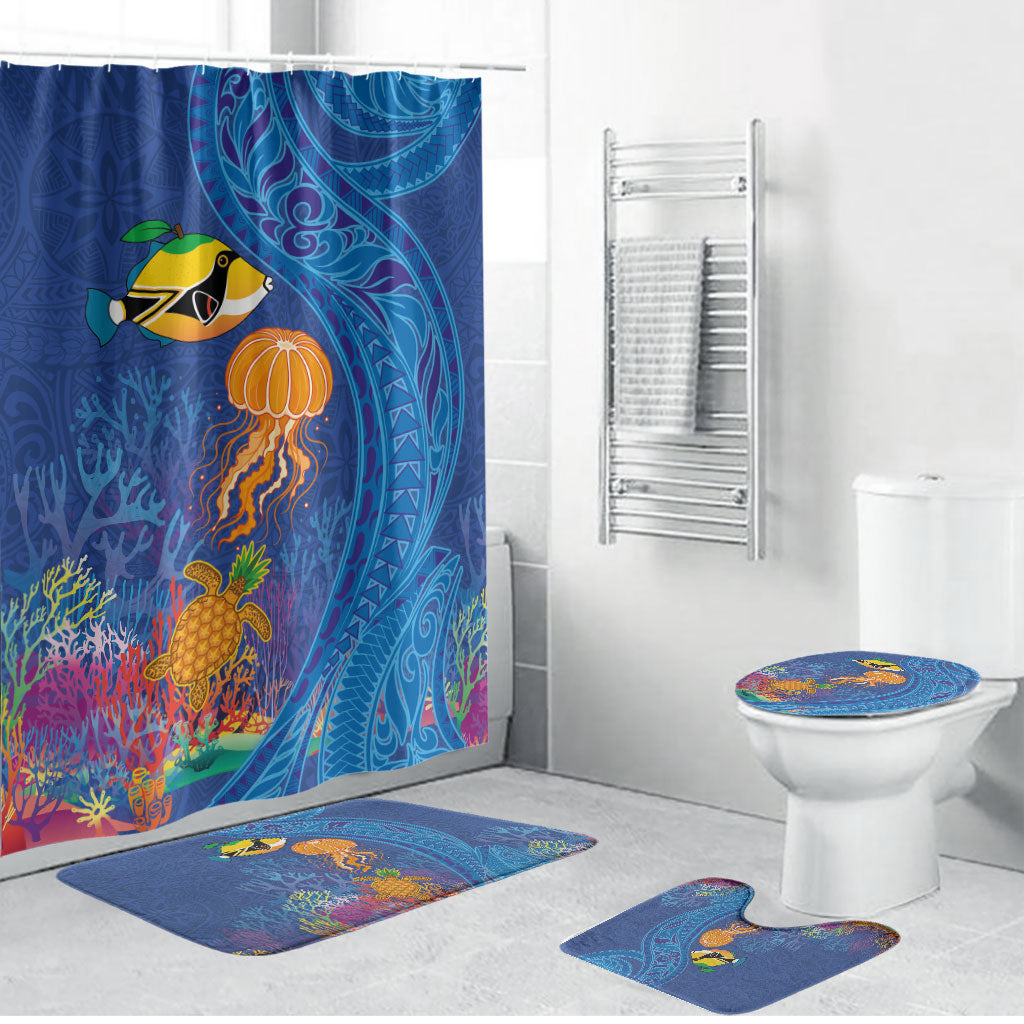 Hawaiian Funny Fruits Sea Animals Bathroom Set Mango Reef Triggerfish and Pineapple Turtle and Mandarin Jellyfish LT03 Bathroom Set (4 pcs) Blue - Polynesian Pride