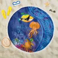 Hawaiian Funny Fruits Sea Animals Beach Blanket Mango Reef Triggerfish and Pineapple Turtle and Mandarin Jellyfish LT03 One Size 150cm Blue - Polynesian Pride