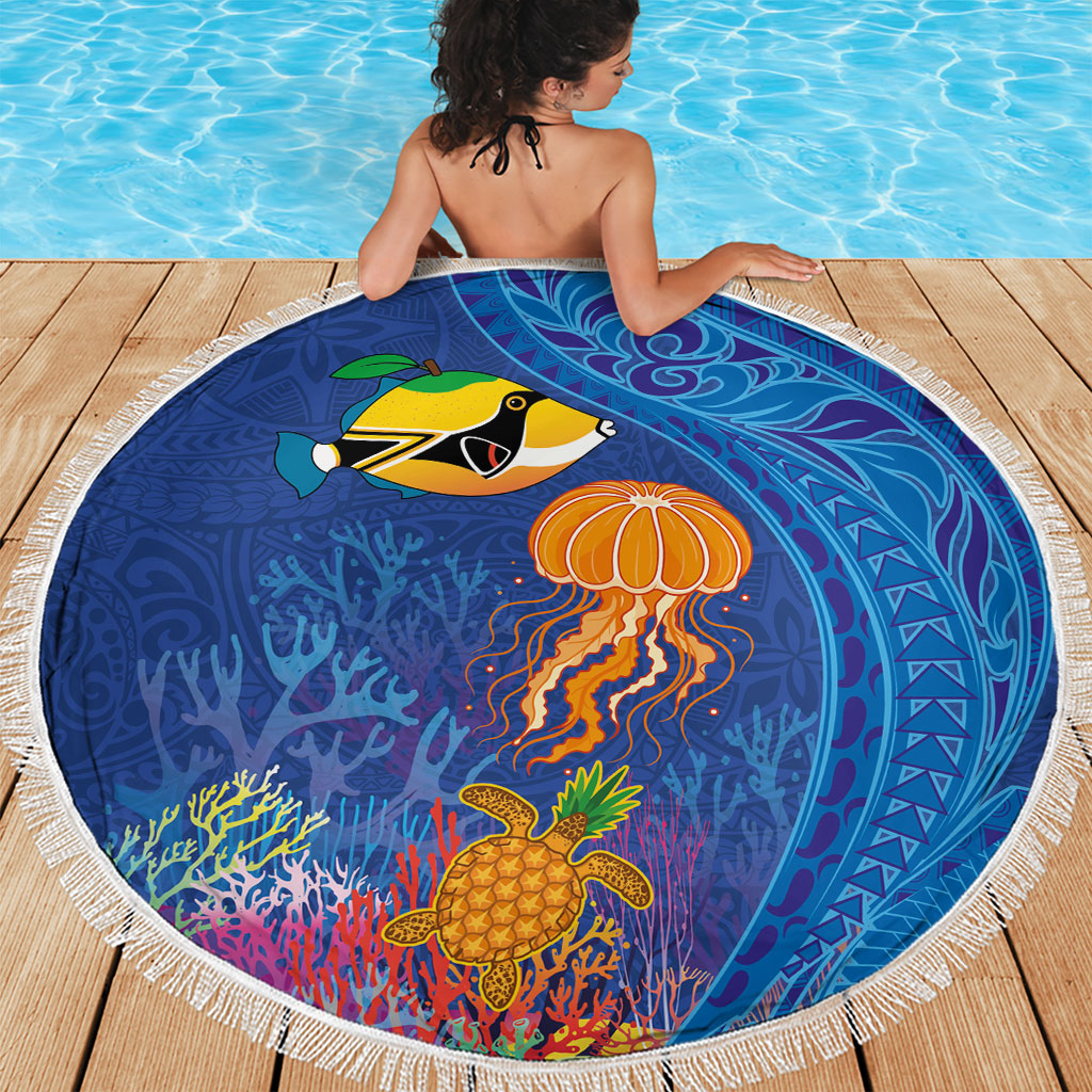 Hawaiian Funny Fruits Sea Animals Beach Blanket Mango Reef Triggerfish and Pineapple Turtle and Mandarin Jellyfish LT03 - Polynesian Pride