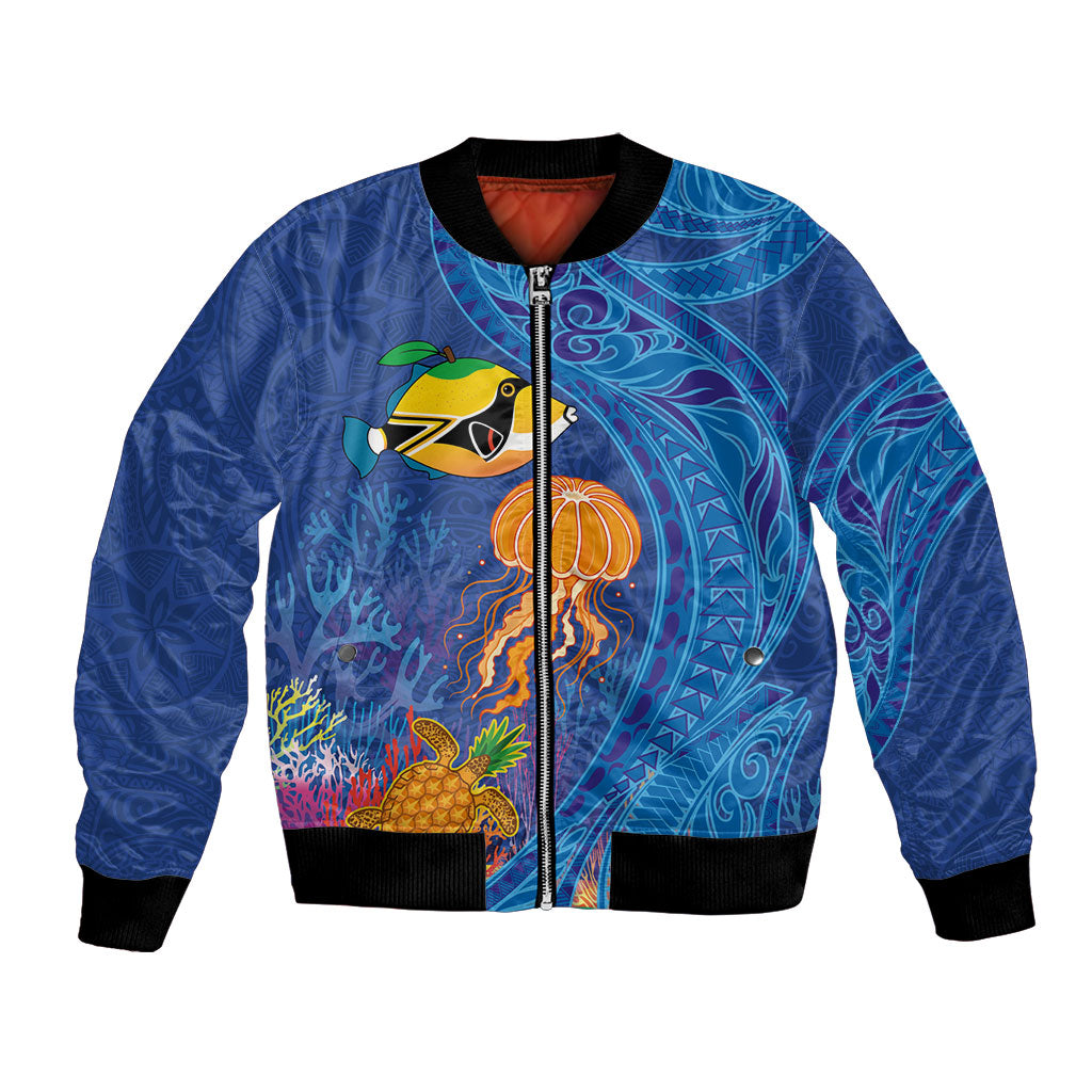 Hawaiian Funny Fruits Sea Animals Bomber Jacket Mango Reef Triggerfish and Pineapple Turtle and Mandarin Jellyfish LT03 Unisex Blue - Polynesian Pride