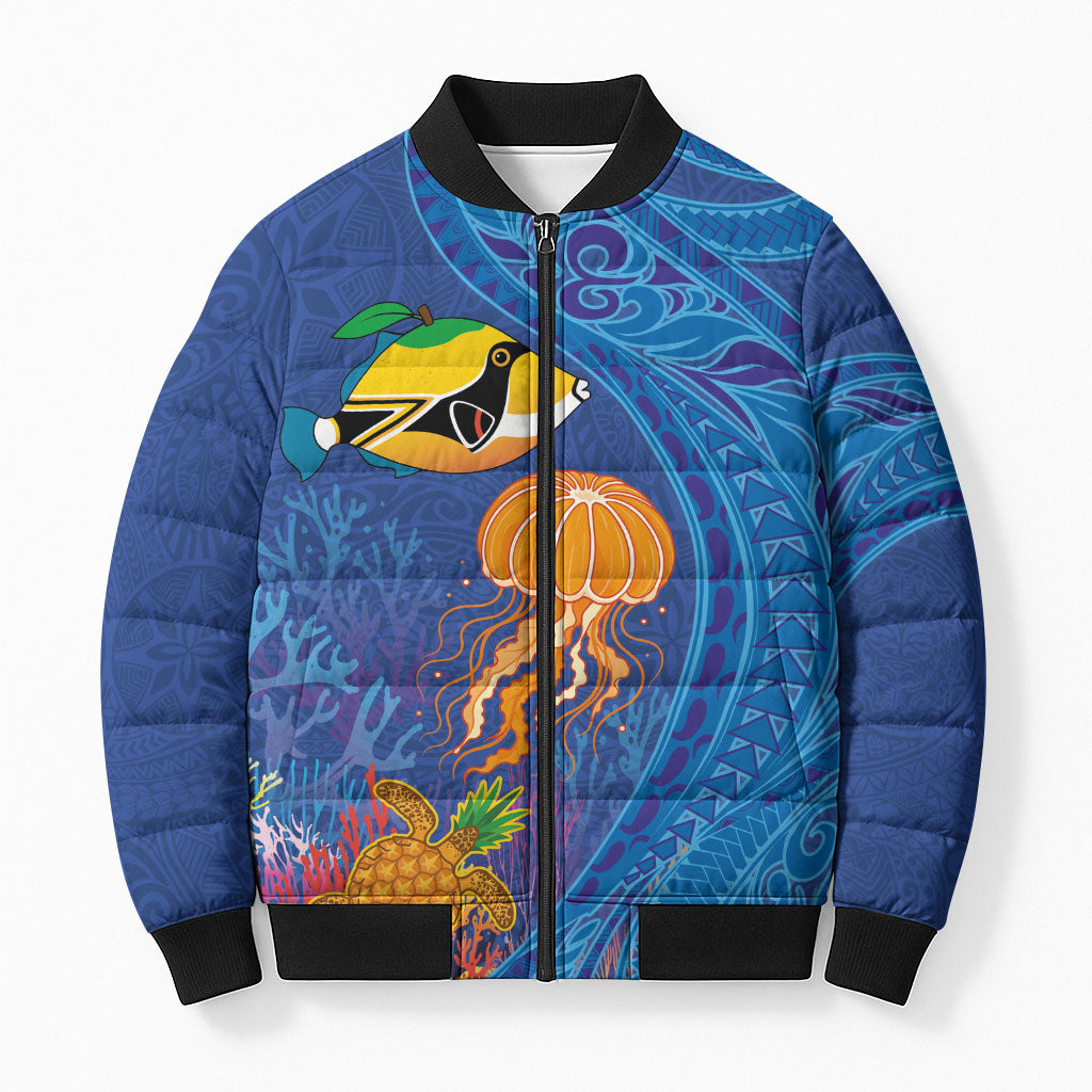 Hawaiian Funny Fruits Sea Animals Bomber Puffer Jacket Mango Reef Triggerfish and Pineapple Turtle and Mandarin Jellyfish LT03 Unisex Blue - Polynesian Pride