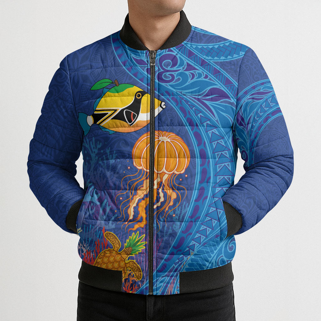 Hawaiian Funny Fruits Sea Animals Bomber Puffer Jacket Mango Reef Triggerfish and Pineapple Turtle and Mandarin Jellyfish LT03 - Polynesian Pride