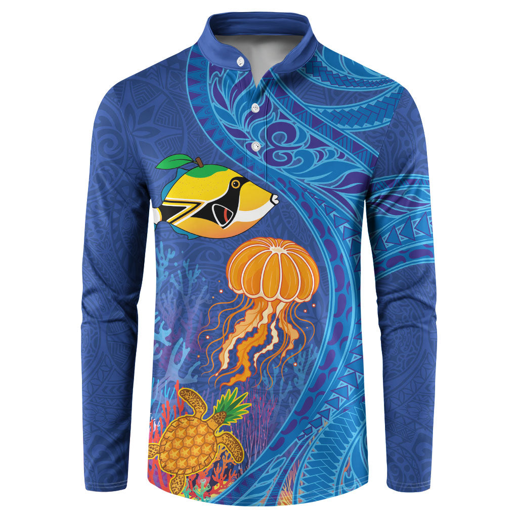 Hawaiian Funny Fruits Sea Animals Button Sweatshirt Mango Reef Triggerfish and Pineapple Turtle and Mandarin Jellyfish LT03 Blue - Polynesian Pride