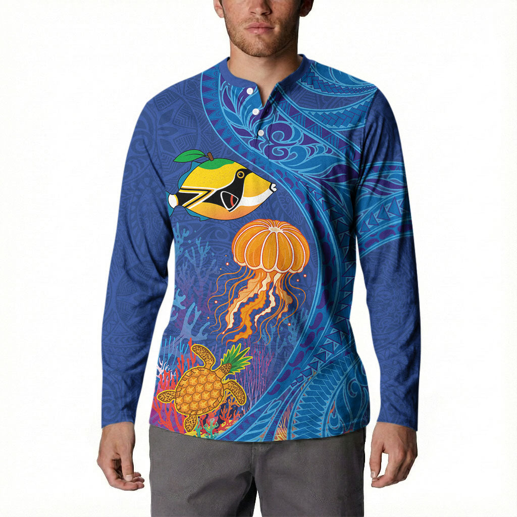 Hawaiian Funny Fruits Sea Animals Button Sweatshirt Mango Reef Triggerfish and Pineapple Turtle and Mandarin Jellyfish LT03 - Polynesian Pride