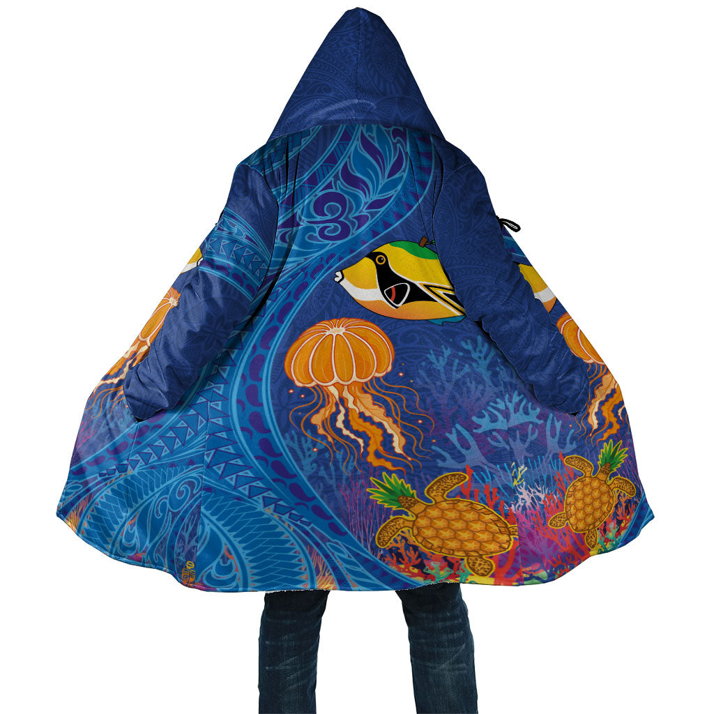 Hawaiian Funny Fruits Sea Animals Cloak Mango Reef Triggerfish and Pineapple Turtle and Mandarin Jellyfish LT03 Unisex Blue - Polynesian Pride