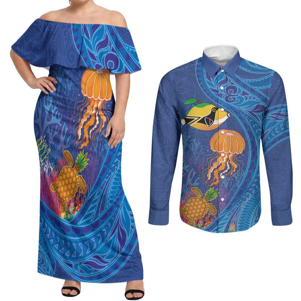 Hawaiian Funny Fruits Sea Animals Couples Matching Off Shoulder Maxi Dress and Long Sleeve Button Shirt Mango Reef Triggerfish and Pineapple Turtle and Mandarin Jellyfish LT03 Blue - Polynesian Pride