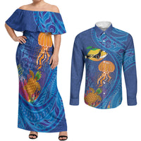 Hawaiian Funny Fruits Sea Animals Couples Matching Off Shoulder Maxi Dress and Long Sleeve Button Shirt Mango Reef Triggerfish and Pineapple Turtle and Mandarin Jellyfish LT03 Blue - Polynesian Pride