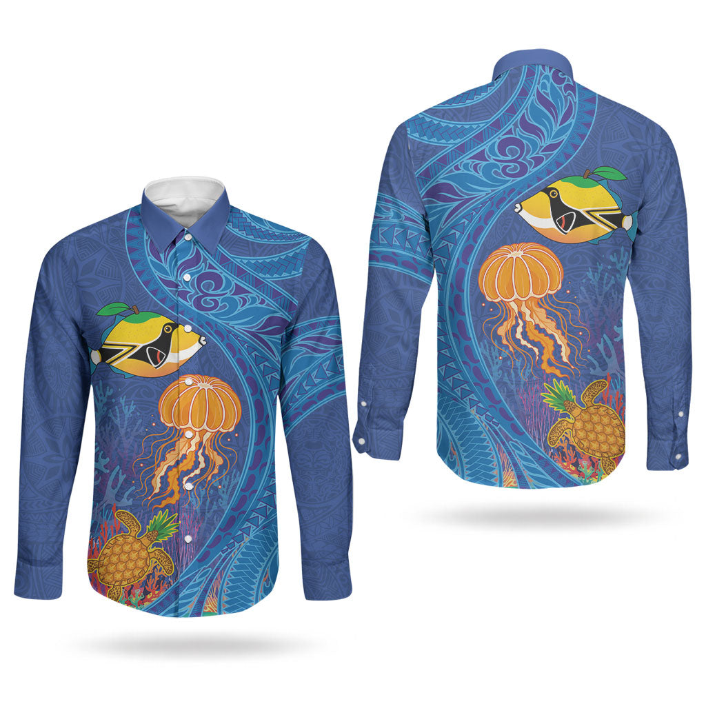 Hawaiian Funny Fruits Sea Animals Couples Matching Off Shoulder Short Dress and Long Sleeve Button Shirt Mango Reef Triggerfish and Pineapple Turtle and Mandarin Jellyfish LT03 - Polynesian Pride