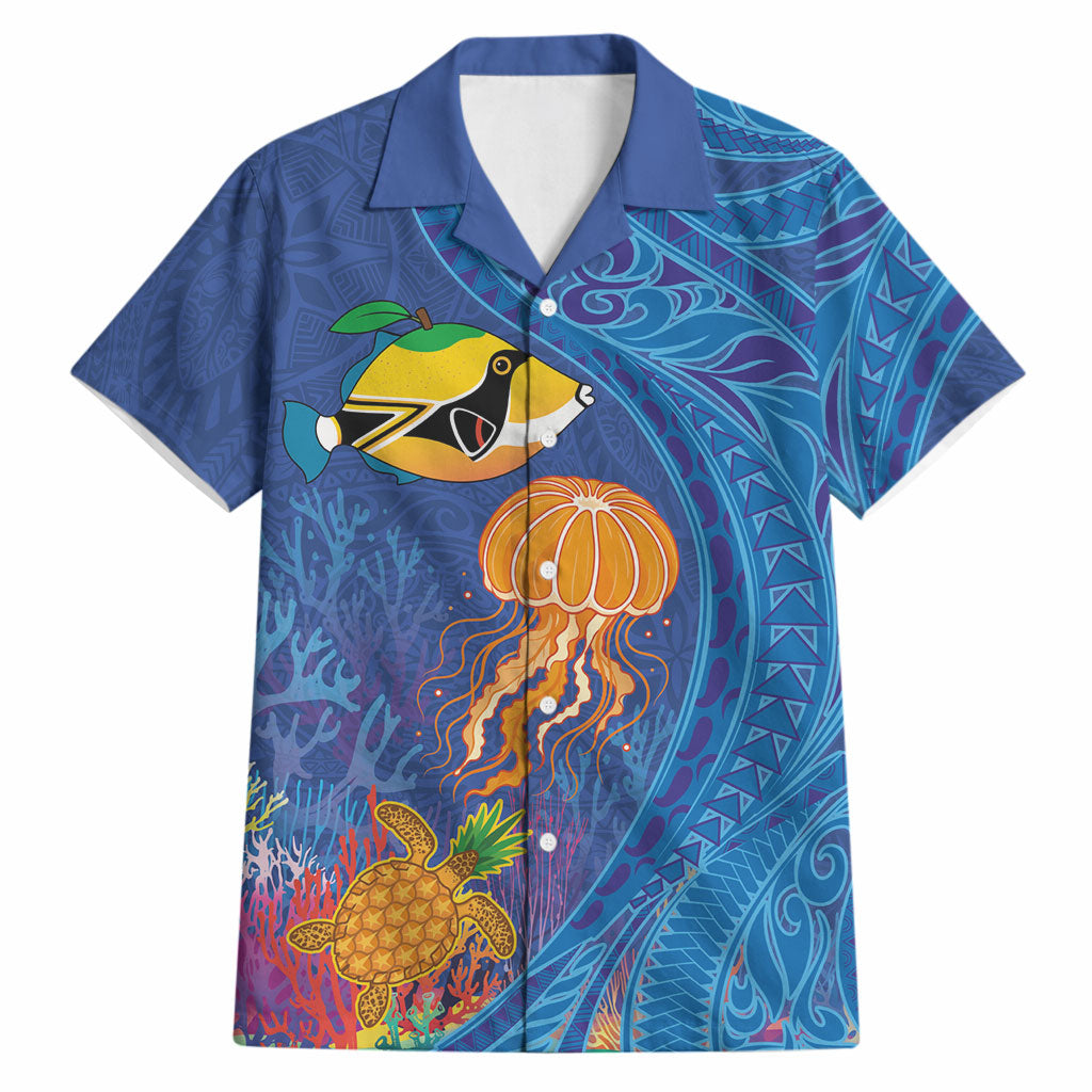 Hawaiian Funny Fruits Sea Animals Hawaiian Shirt Mango Reef Triggerfish and Pineapple Turtle and Mandarin Jellyfish LT03 Blue - Polynesian Pride