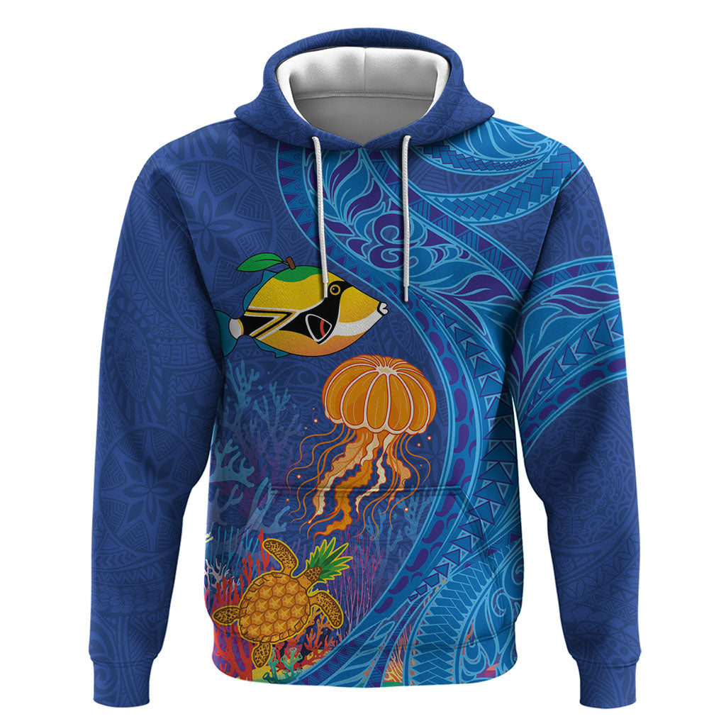 Hawaiian Funny Fruits Sea Animals Hoodie Mango Reef Triggerfish and Pineapple Turtle and Mandarin Jellyfish LT03 Pullover Hoodie Blue - Polynesian Pride