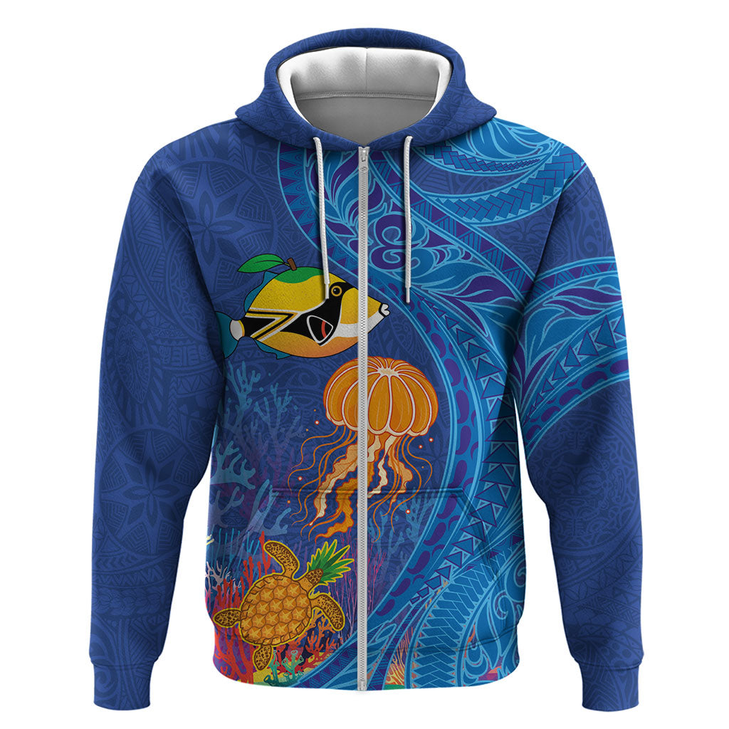 Hawaiian Funny Fruits Sea Animals Hoodie Mango Reef Triggerfish and Pineapple Turtle and Mandarin Jellyfish LT03 Zip Hoodie Blue - Polynesian Pride