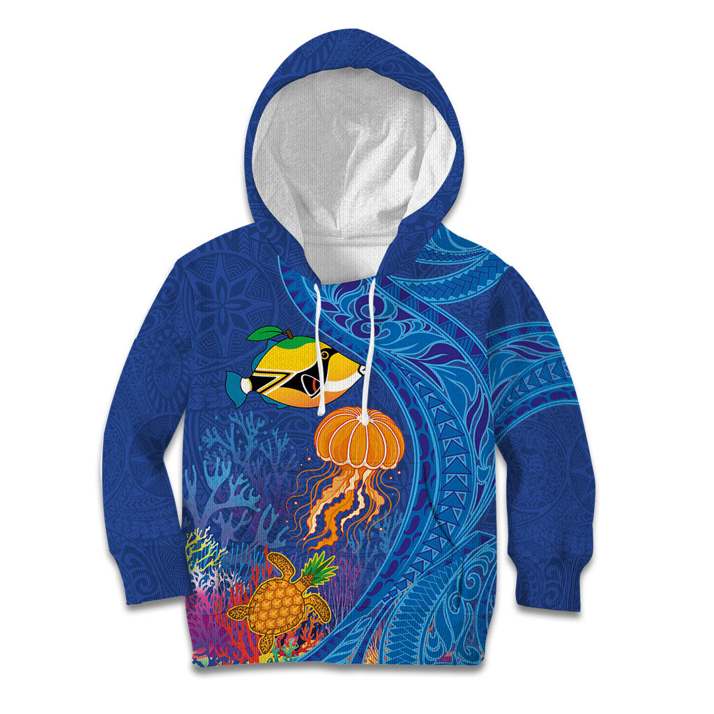 Hawaiian Funny Fruits Sea Animals Kid Hoodie Mango Reef Triggerfish and Pineapple Turtle and Mandarin Jellyfish LT03 Hoodie Blue - Polynesian Pride