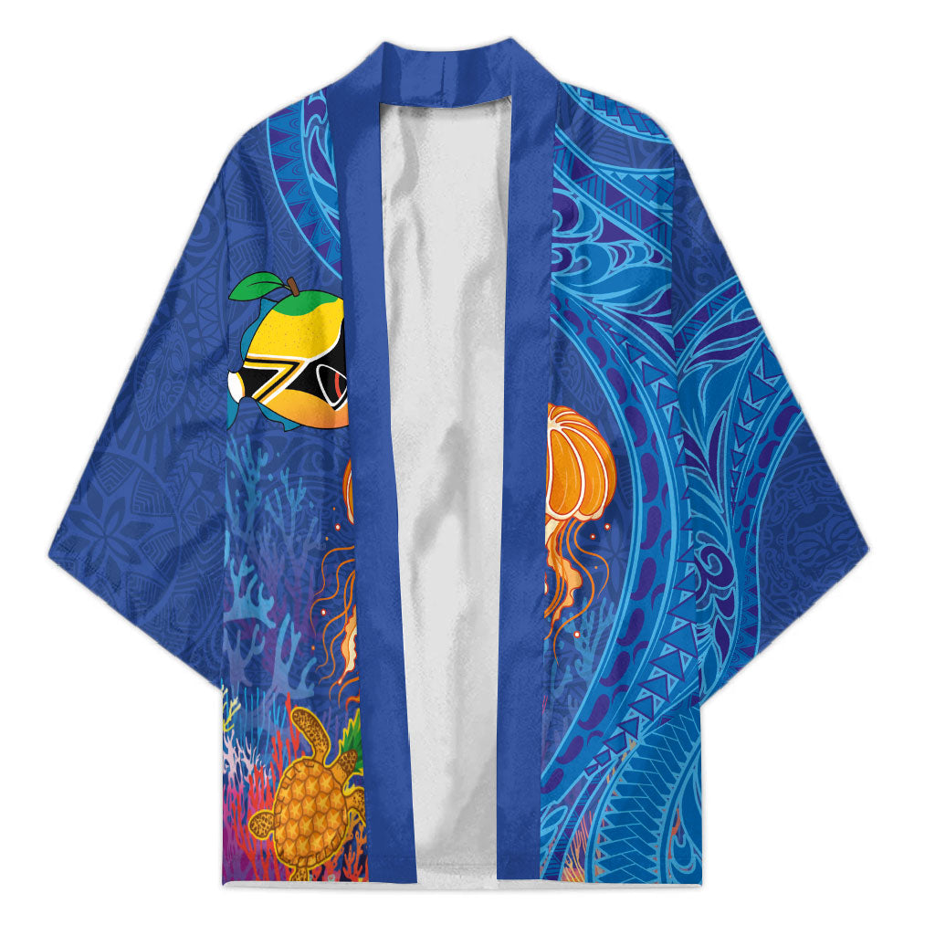 Hawaiian Funny Fruits Sea Animals Kimono Mango Reef Triggerfish and Pineapple Turtle and Mandarin Jellyfish LT03 Unisex Blue - Polynesian Pride