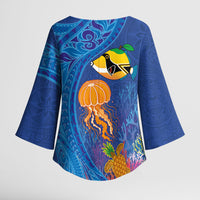 Hawaiian Funny Fruits Sea Animals Kimono Sleeve Blouse Mango Reef Triggerfish and Pineapple Turtle and Mandarin Jellyfish LT03 - Polynesian Pride