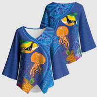 Hawaiian Funny Fruits Sea Animals Kimono Sleeve Blouse Mango Reef Triggerfish and Pineapple Turtle and Mandarin Jellyfish LT03 - Polynesian Pride