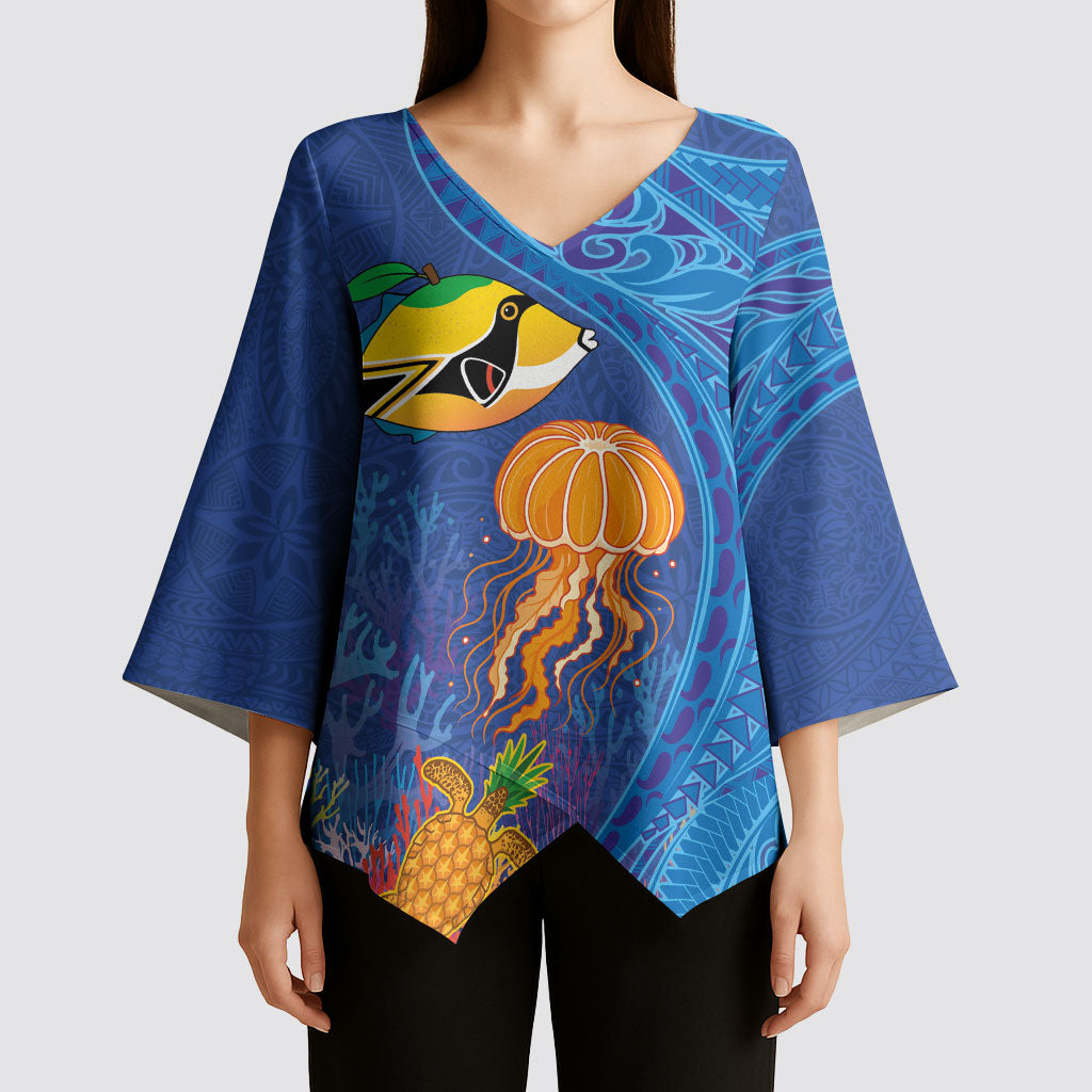 Hawaiian Funny Fruits Sea Animals Kimono Sleeve Blouse Mango Reef Triggerfish and Pineapple Turtle and Mandarin Jellyfish LT03 - Polynesian Pride