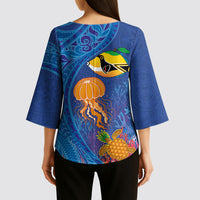 Hawaiian Funny Fruits Sea Animals Kimono Sleeve Blouse Mango Reef Triggerfish and Pineapple Turtle and Mandarin Jellyfish LT03 - Polynesian Pride