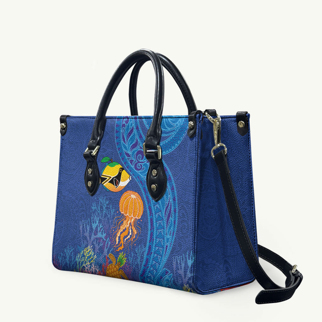 Hawaiian Funny Fruits Sea Animals Leather Bag Mango Reef Triggerfish and Pineapple Turtle and Mandarin Jellyfish LT03 Blue - Polynesian Pride