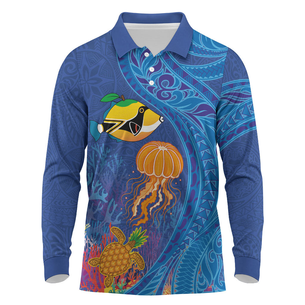 Hawaiian Funny Fruits Sea Animals Long Sleeve Polo Shirt Mango Reef Triggerfish and Pineapple Turtle and Mandarin Jellyfish LT03 Blue - Polynesian Pride