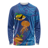 Hawaiian Funny Fruits Sea Animals Long Sleeve Shirt Mango Reef Triggerfish and Pineapple Turtle and Mandarin Jellyfish LT03 Unisex Blue - Polynesian Pride