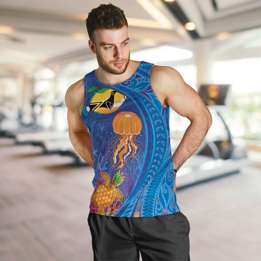 Hawaiian Funny Fruits Sea Animals Men Tank Top Mango Reef Triggerfish and Pineapple Turtle and Mandarin Jellyfish LT03 Blue - Polynesian Pride