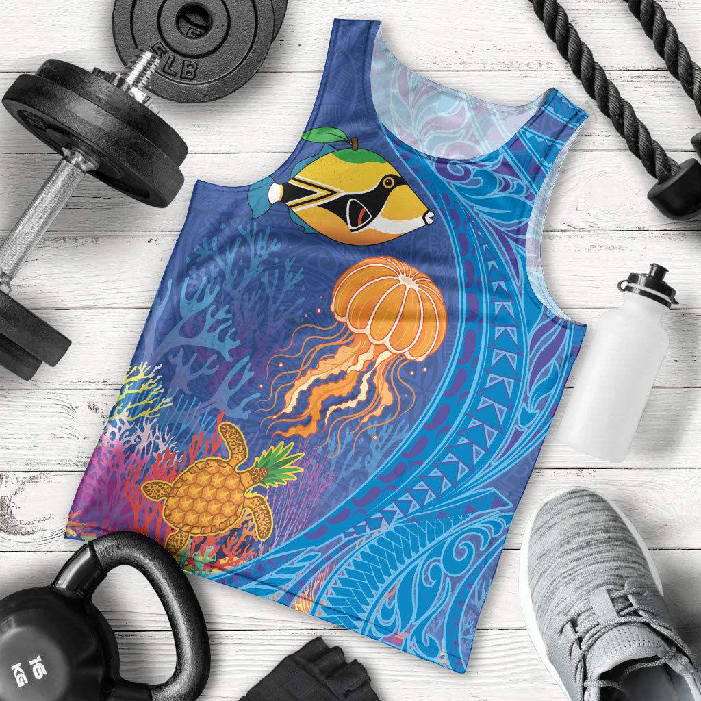 Hawaiian Funny Fruits Sea Animals Men Tank Top Mango Reef Triggerfish and Pineapple Turtle and Mandarin Jellyfish LT03 - Polynesian Pride