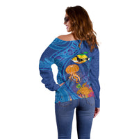 Hawaiian Funny Fruits Sea Animals Off Shoulder Sweater Mango Reef Triggerfish and Pineapple Turtle and Mandarin Jellyfish LT03 - Polynesian Pride